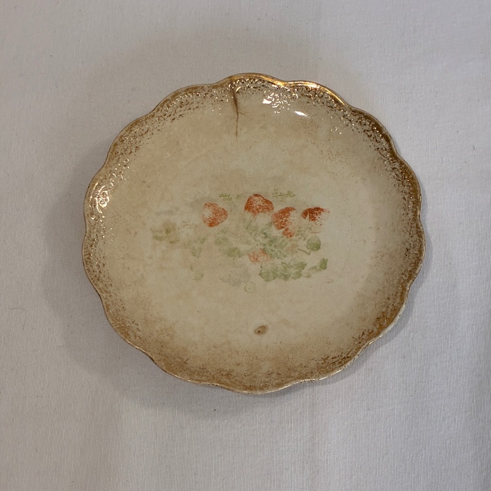 Dresden China Bread Plate 7.5 Inch Cream Strawberry Antique Scalloped Gold